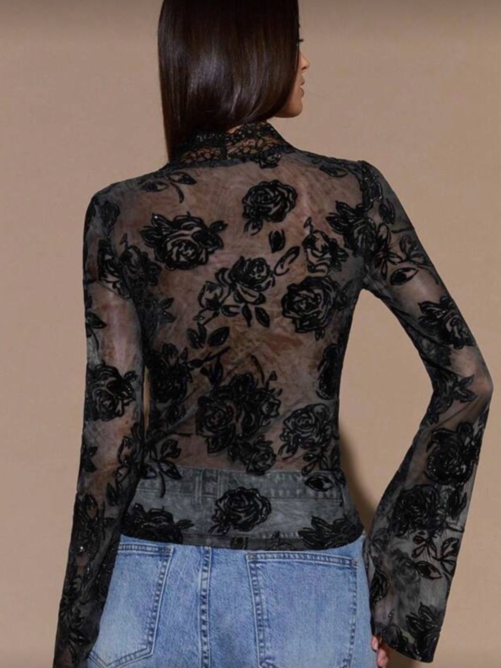 SHEIN Black Sheer Floral Lace V-Neck Top - Picture 5 of 5